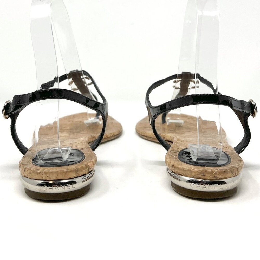 Chanel‎ Black Patent Thong Sandals CC Cork Sole Flat Sandals 40.5 - Picture 5 of 9
